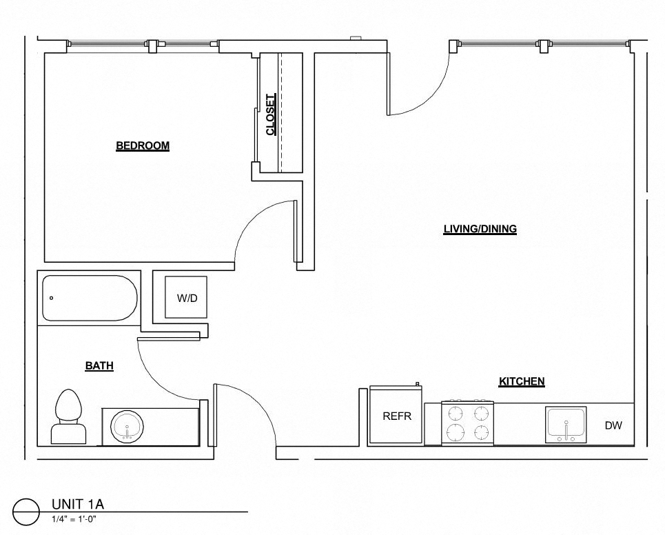 Floor plan for 1 bed, 1 bath, 595 sqft